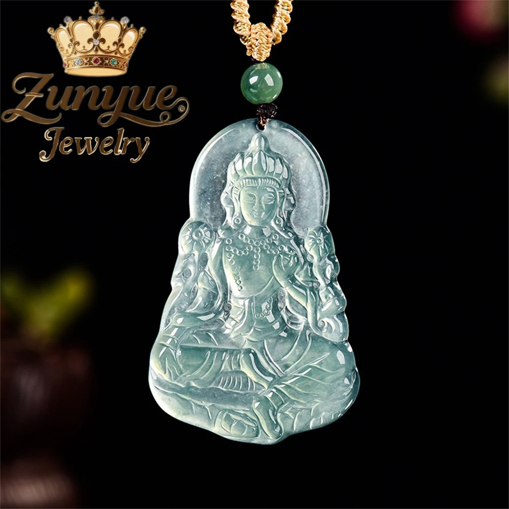 

Natural A-Grade Jadeite Blue Water Tara Guanyin Ice Type Jade Pendant Grand Men's Pendant Women's Pendant Fine Jewelry。