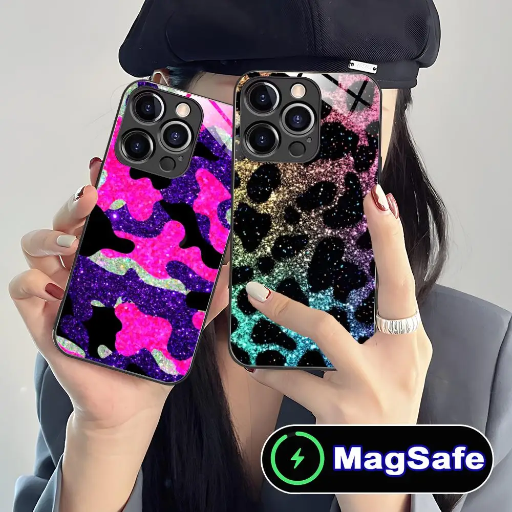 

Блестящий камуфляжный чехол для телефона для iPhone 16, 15, 14, 13, 12, 11 Pro Max Plus Mini MagSafe, защитное стекло, красивая роскошь