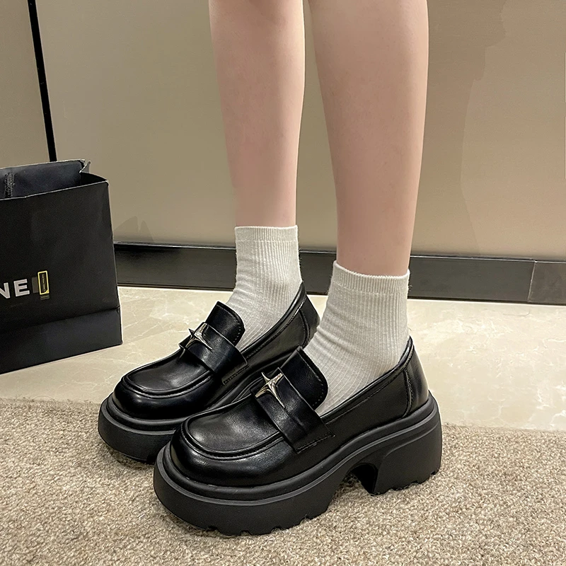 New High Heels Oxford Shoes for Women Spring Patent Leather Chunky Platform Loafers Woman Slip On Loafers Jk Uniform Mary Janes