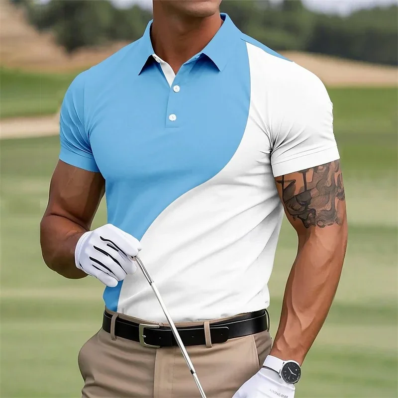 Men's Short Sleeved Polo Shirt with Colorful 3D Color Block Print, Summer Casual Lapel Street Top
