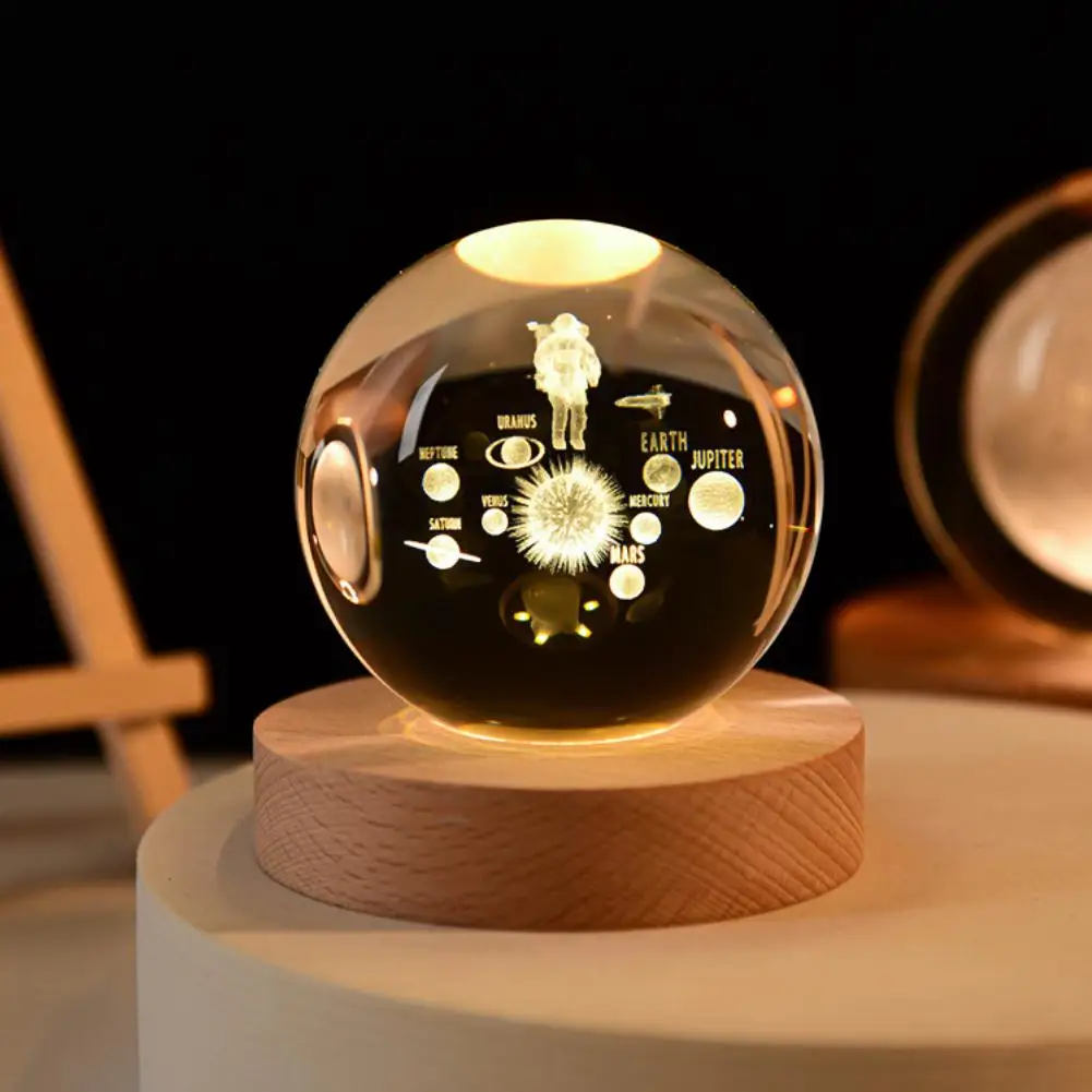 3D Crystal Ball Lamp With Galaxy And Planetary Projections USB Night Light For Crystal Ball Nightlight Luminous Wooden Base