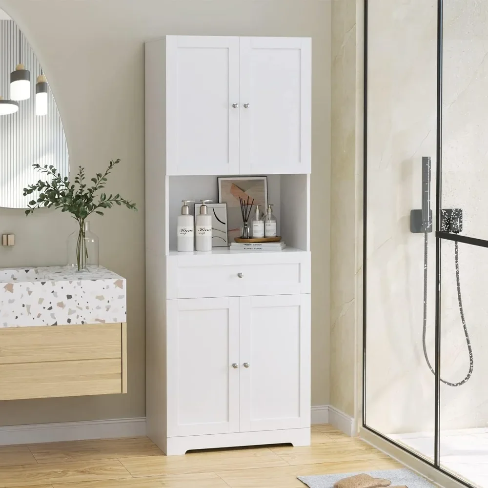 Tall Bathroom Storage Cabinets, Modern Linen Storage Cabinet with 4 Doors & Shelves & Drawer, 67" H Tall Storage Cabinet