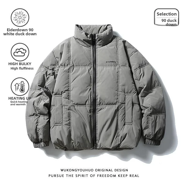 

ey Stand Collar Letter Jaet down Jaet Lightweight Loose Fit Men's Outerwear Thiened Warm Cotton Coat for Autumn Winter