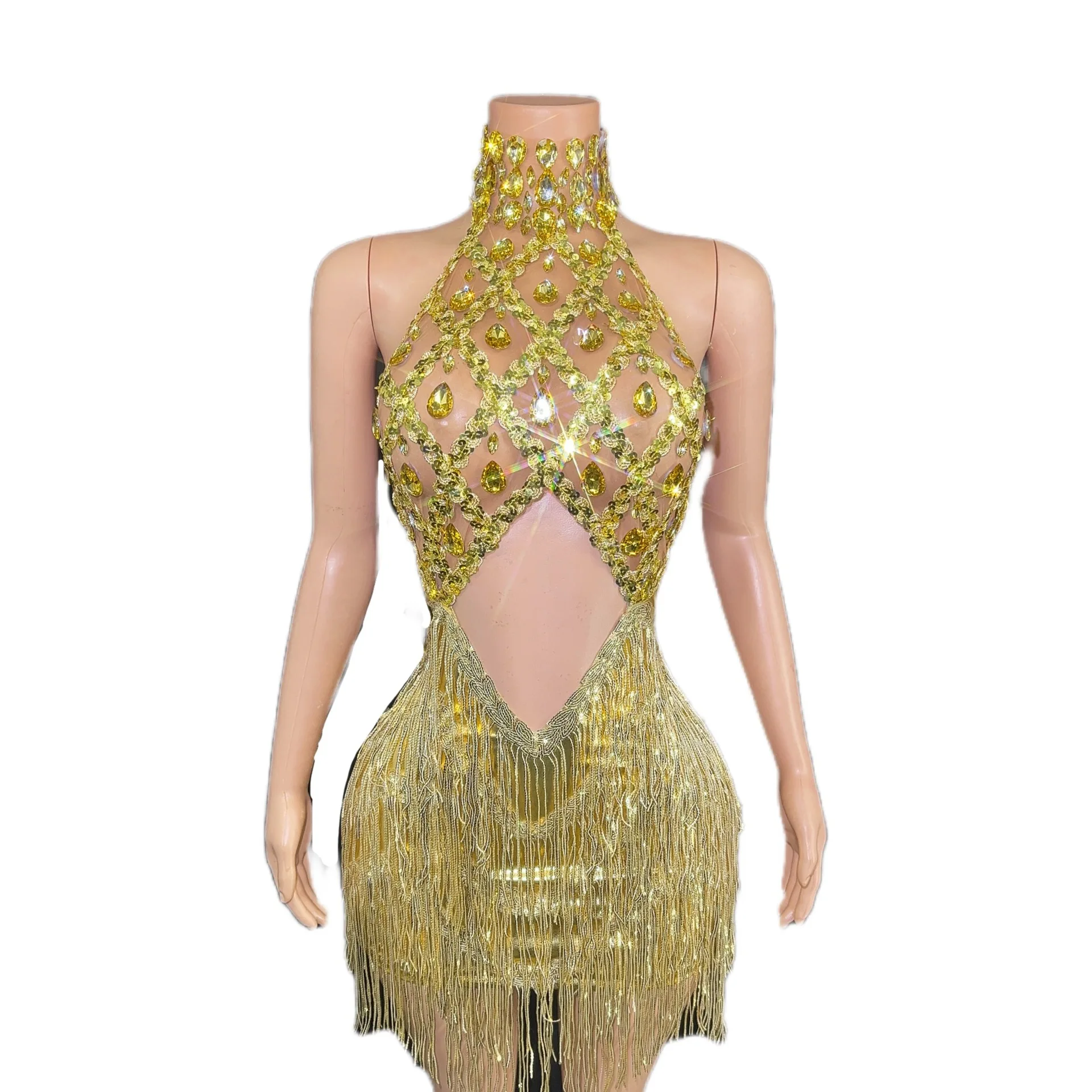 

Electronic Music Festival Nightclub Sexy Costume Women's Clothing Dress Sequined Tassel Full Halter Backless Hip Skirt Hot Girl