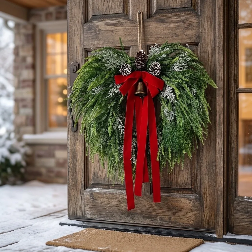 Norfolk Pine Holiday Decor Wreath with Red Bow for Indoor Door Wall Fireplace Entryway Seasonal Christmas Decoration