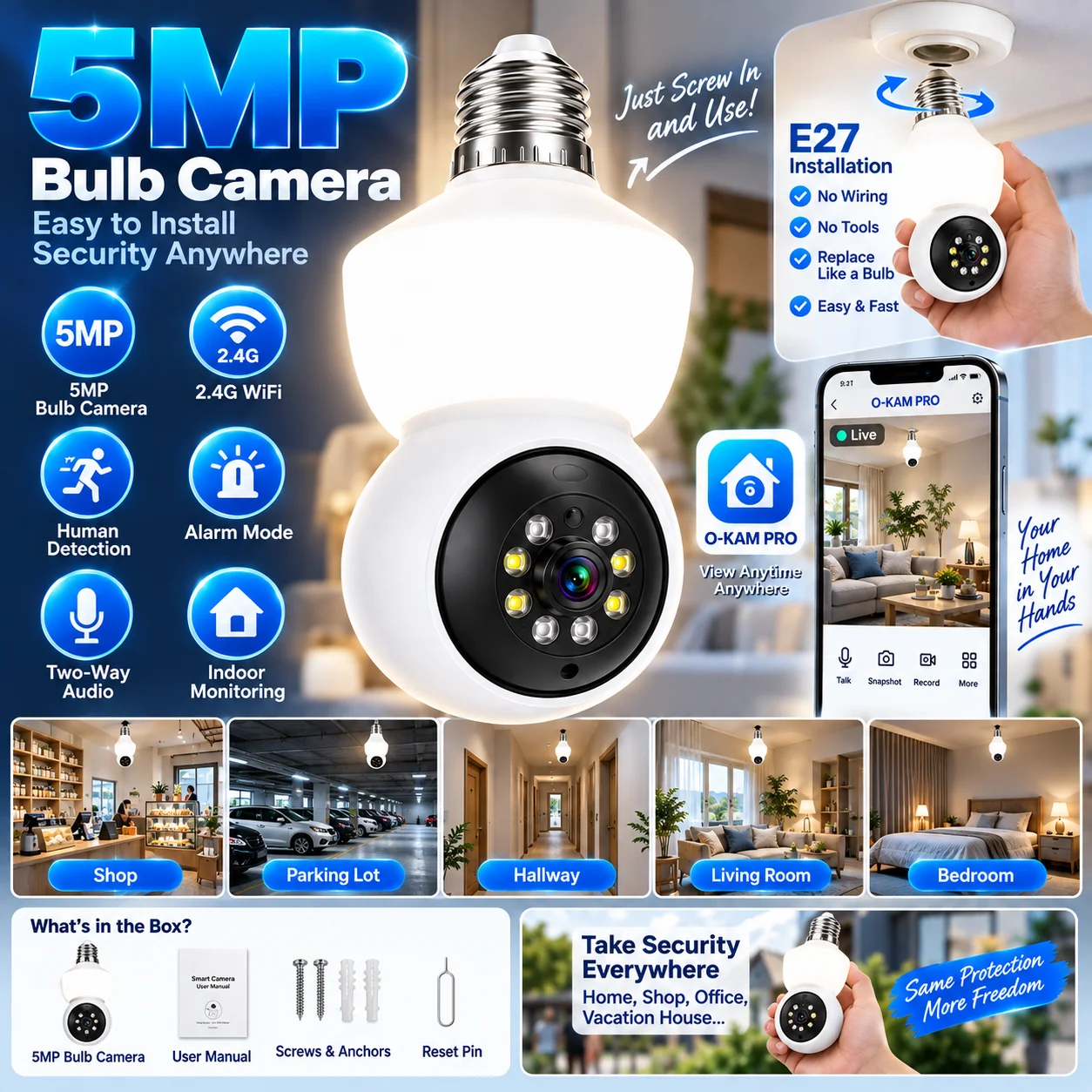 5MP WiFi Bulb Security Camera 2.4GHz IP Surveillance Night Vision Wireless CCTV Home Monitoring