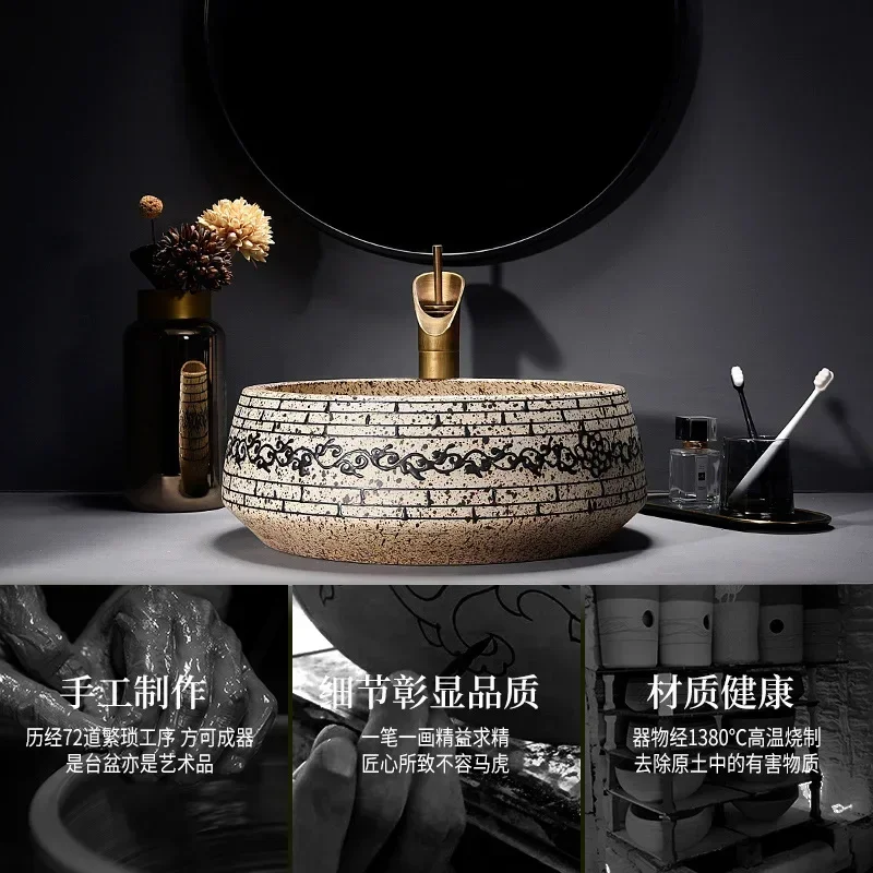 Glaze Ink Pattern Bathroom Sink Nordic Light Luxury Round Matte Ceramic Washbasin Home Balcony Countertop Art Basin with Tap