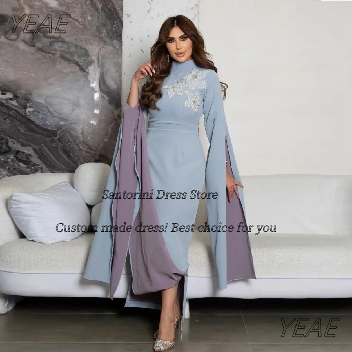 

Santorini High Collar Saudi Arabia Prom Dresses Customized Flowers Applique Evening Gowns Long Sleeves Vestidos De Gala Party