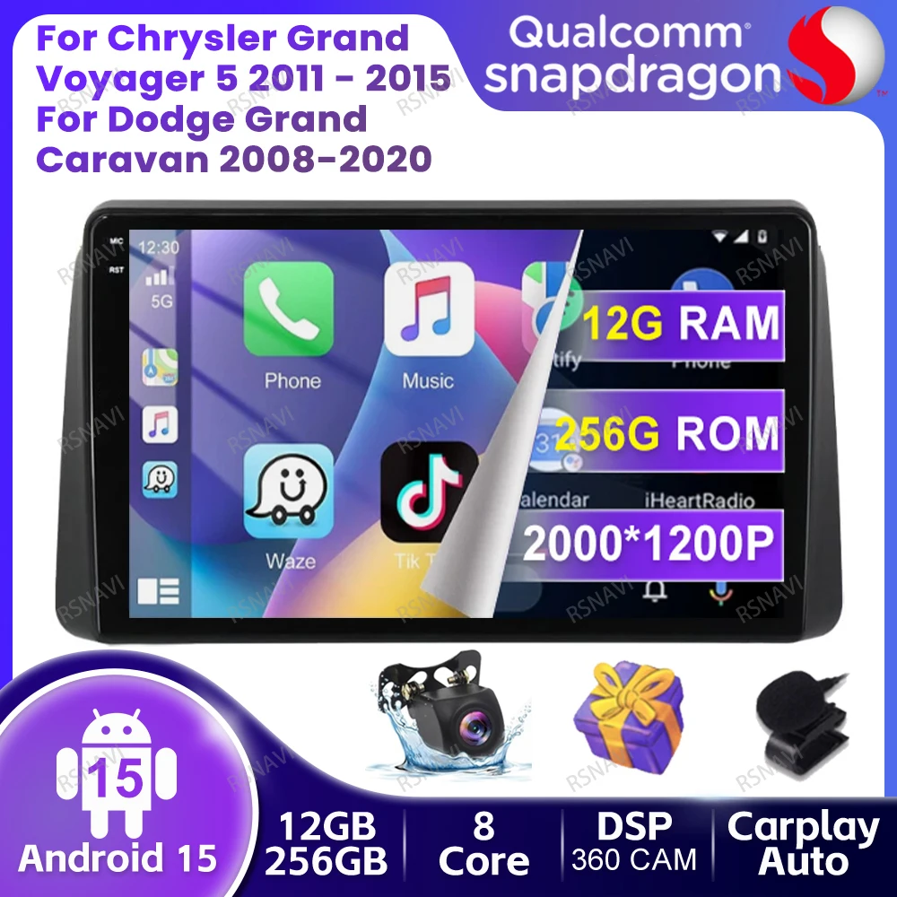Radio de coche Android 15 para Chrysler Grand Voyager 5 2011 - 2015 para Dodge Grand Caravan 2008-2020 5G WIFI inalámbrico Carplay Auto BT