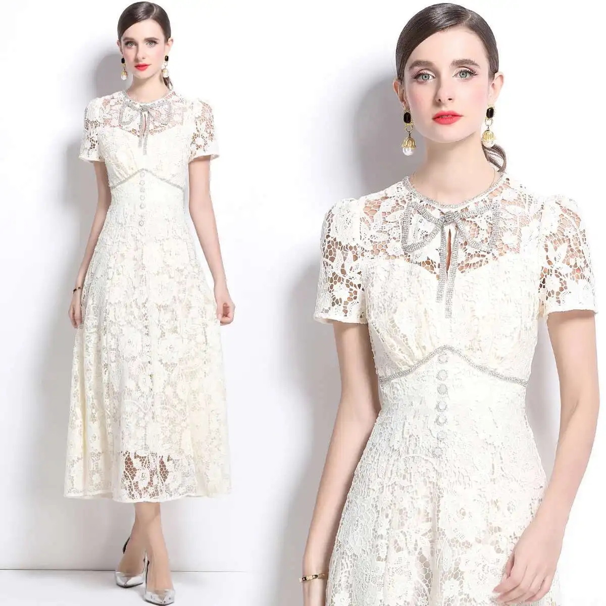 Elegant Flower Embroidery Hollow Out Lace Long Dresses Women\'s 2025 Summer Crystal Bow Eveng Party Dress Wedding Bridesmaid Robe