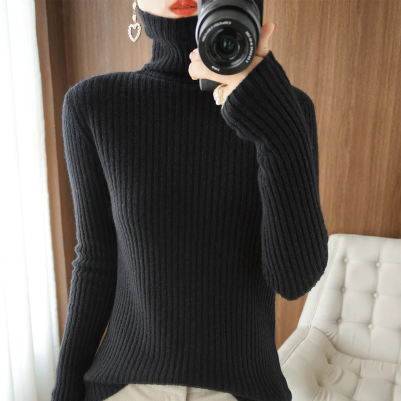 

Women's High Heck Sweater Autumn And Winter New Vertical Stripe Thickened Pullover Classic Slim Fashion Knitwear