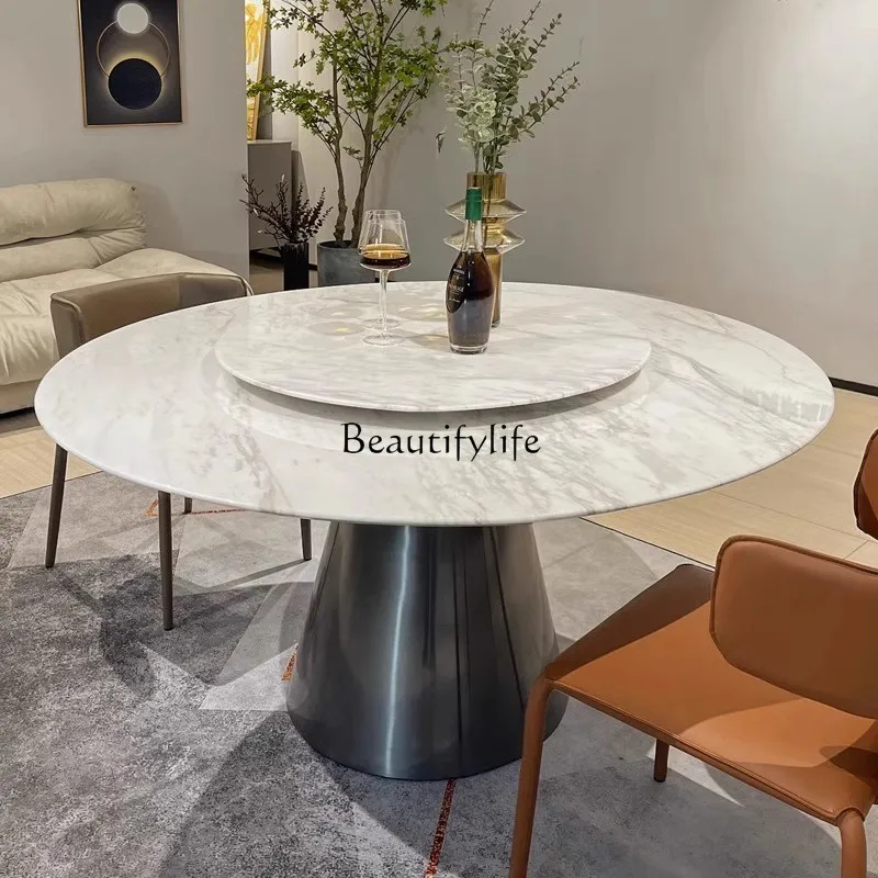 Natural marble jazz white round dining table Italian light luxury villa premium feeling with turntable