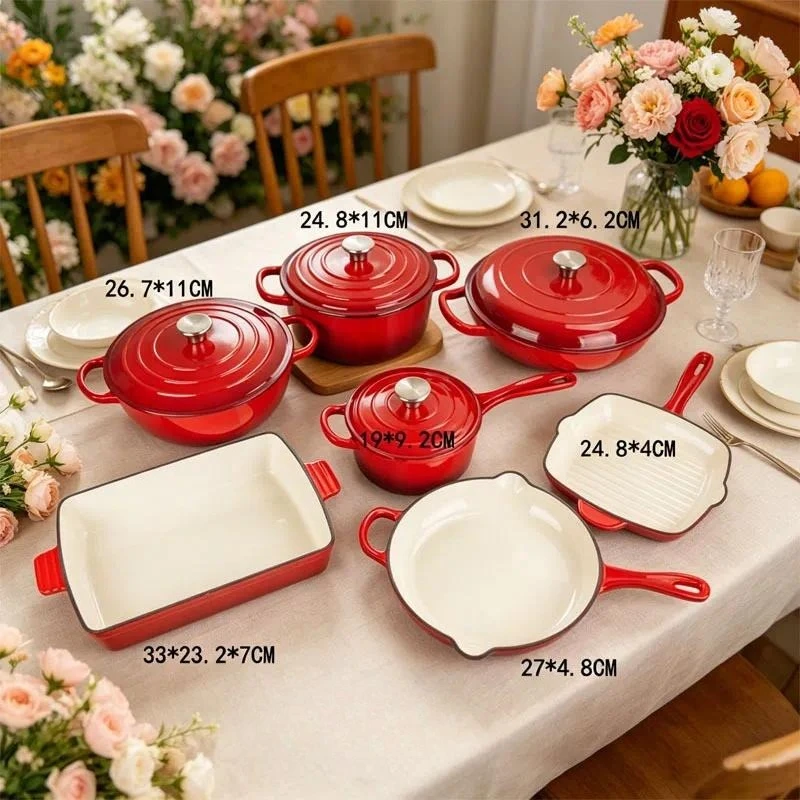 Enamel pot and cast iron pot set / Cast iron pot / 11-piece set / Kitchenware