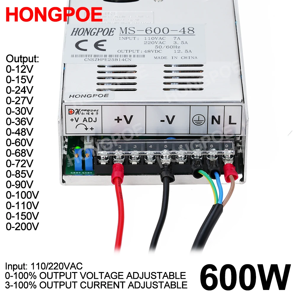 

600W Voltage and Current Adjustable 12V 24V 30V 36V 48V 60V power supply 100-240V AC DC SMPS For LED Strip Light CCTV Motor
