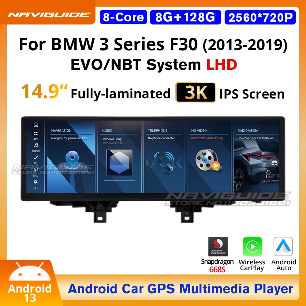 NAVIGUIDE 14.9'' Android13 Wireless CarPlay For BMW 3 4 Series F30 F31 F32 F33 F34 F35 LHD NBT EVO Car Navi Multimedia Player BT