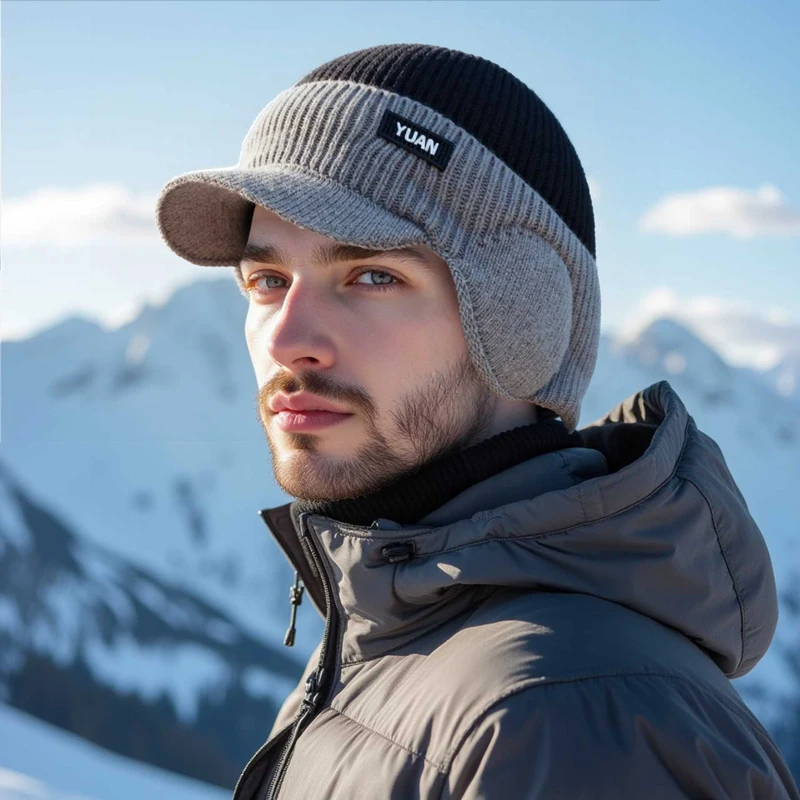 Dual-Tone Knit Baseball Cap- Outdoor Windproof Fashionable Dad Hat w/Ear Protection Earflap Trapper Hat Men Women Winter Ski Cap
