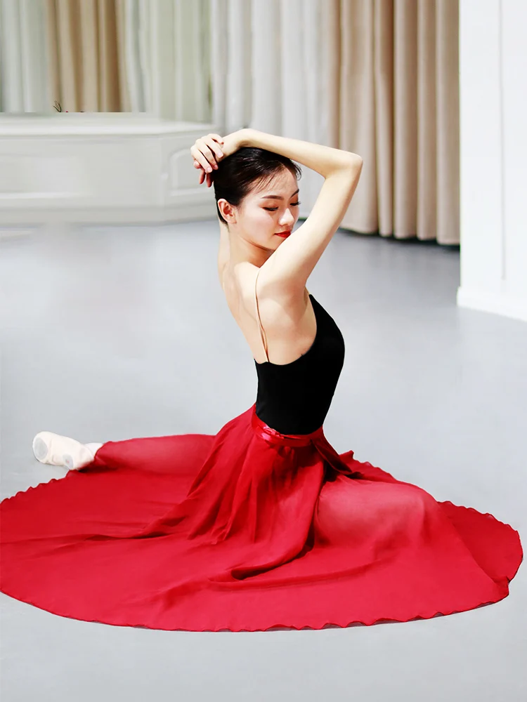 فستان باليه، تنورة برباط من قطعة واحدة، مريلة شيفون للتمرين، تنورة شاش للرقص، فستان طويل للفتيات