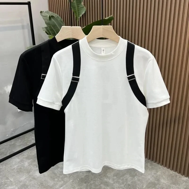 Summer Men's Fashion Crewneck Shirts Tee Contrast Trim Short-Sleeve Top with Straps Personalize Tee
