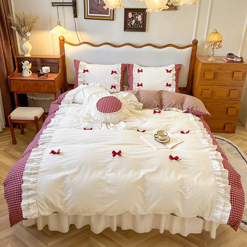 100% Cotton Korean Princess Style Bow Plaid Lace Ruffles Patchwork Bedding Set Duvet Cover Bed Skirt Bedspread Pillowcases