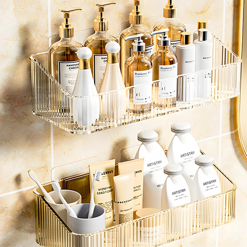 Light Luxury Transparent Acrylic Storage Shelf, Wall-Mounted Bathroom Rack for Cosmetics, Perfect for Modern Home Decor