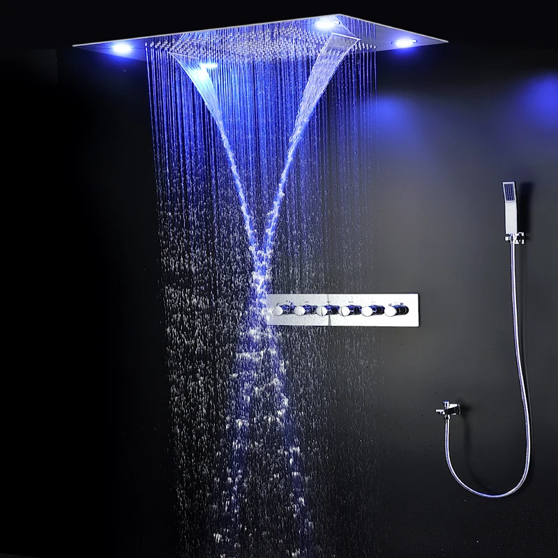 

Luxury Ceiling Rain Shower System Set Large Massage Rainfall Waterfall Shower Head Panel Bath LED Thermostatic Faucets 600x800MM