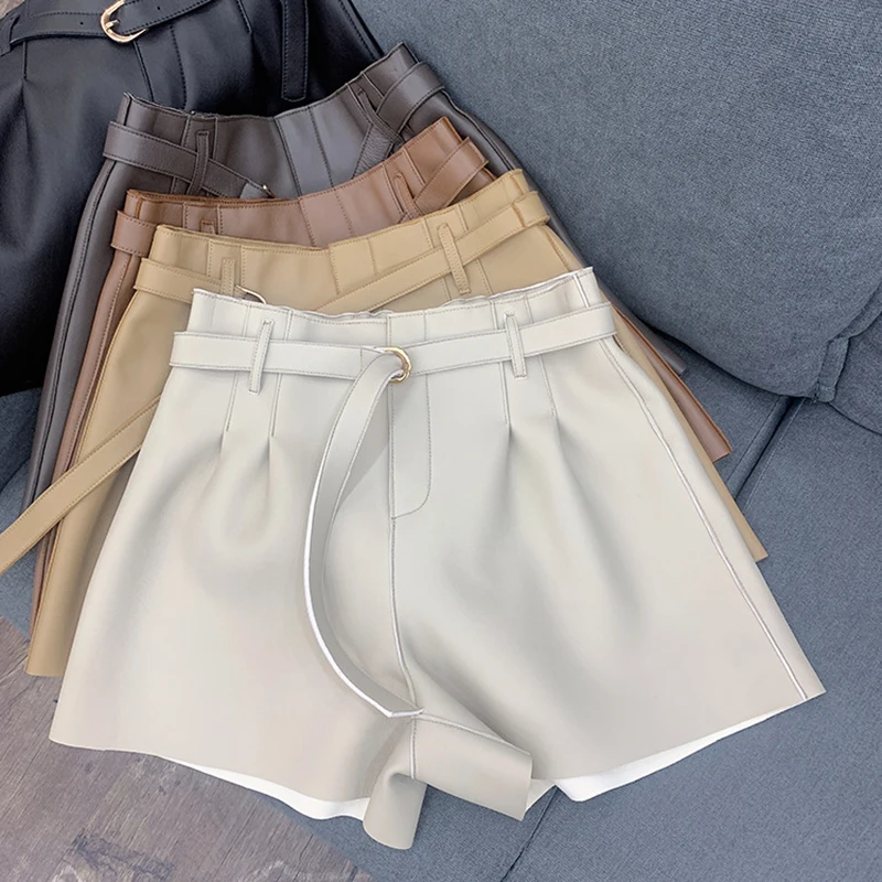 5 Colors Genuine Leather Shorts for Women 2024 Fall Winter New Slim-fit High Waist Belt Femme Casual Wide-leg Sheepskin Shorts