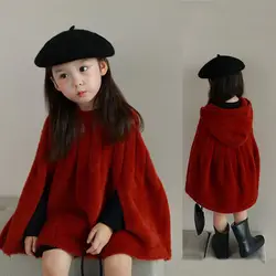 Girls Woolen Coat Jacket Cotton Cloak Windbreak 2023 Hooded Warm Plus Thicken Velvet Winter Autumn Party Children's Clothing