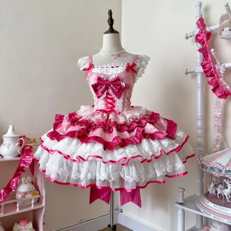 2025 اليابانية الحلو لوليتا Jsk فستان قصير المرأة Kawaii الدانتيل كشكش القوس ضمادة سليم فستان الأميرة الفتيات Y2k فساتين حفلات الشاي