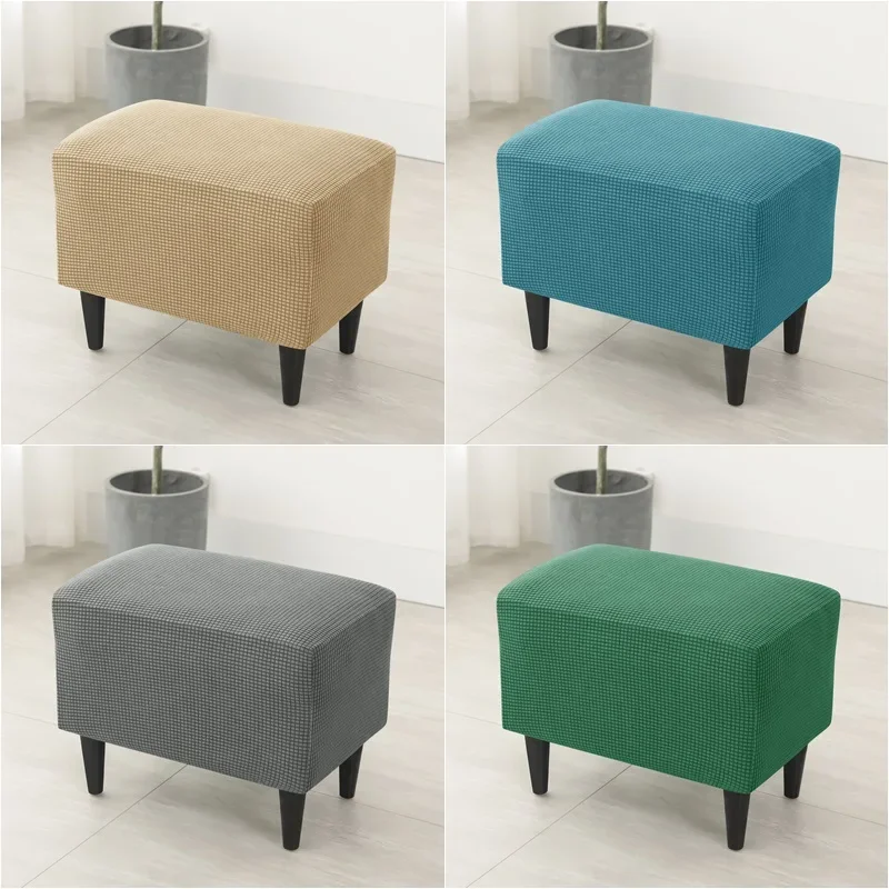 1PC Solid Color Rectangle Ottoman Covers Stretch Polar Fleece Footrest Cover Non-Slip Anti-Dust Footstool Slipcover Protector