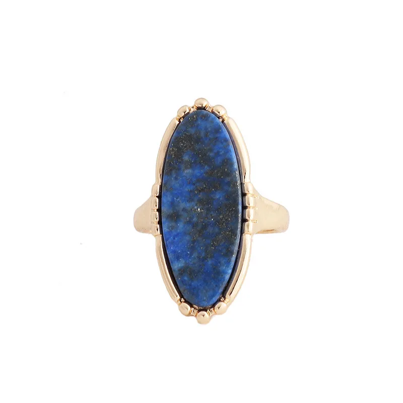 Gold Oval Turquoises Lapis Lazuli Blue Natural Stone Rings Fashion Inner Dia 1.7cm Gold Color Band Jewelry for Women