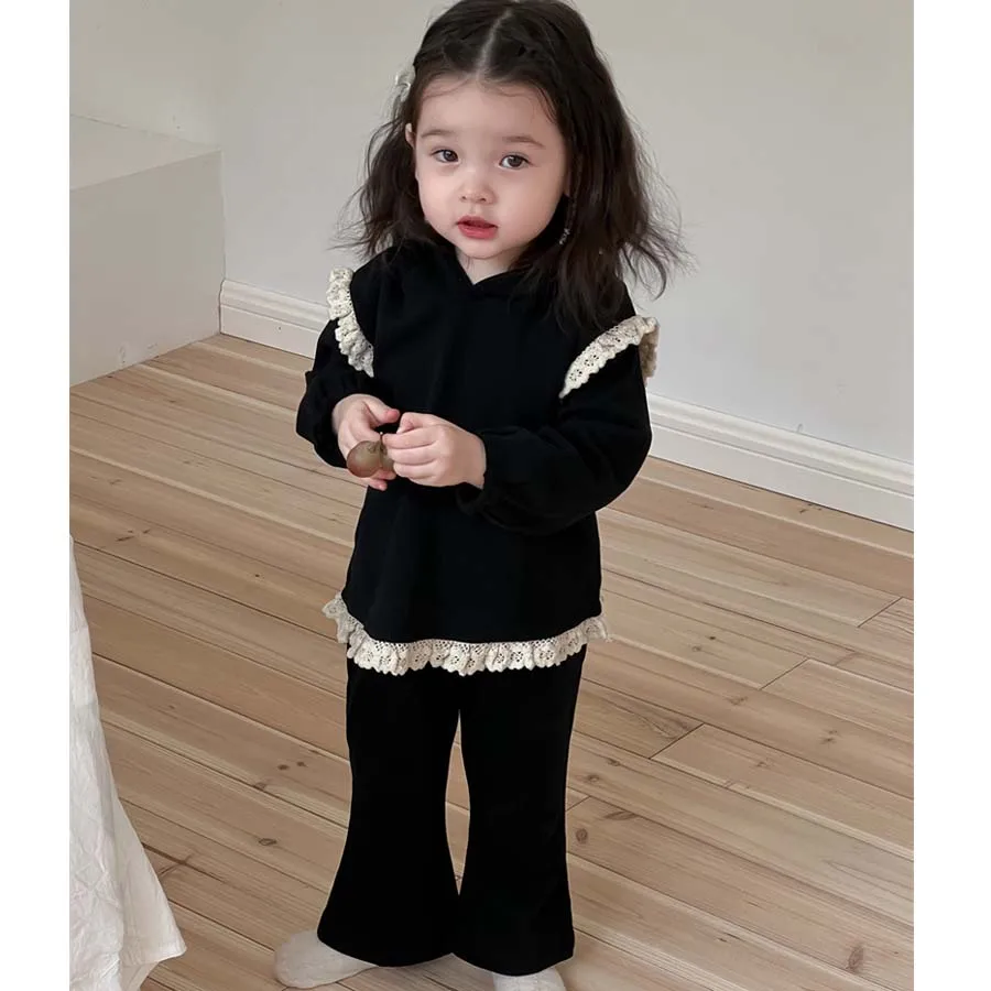 

Весенне-осенний комплект для малышей и девочек: хлопковая кружевная толстовка + расклешенные брюки, детский спортивный костюм из 2 предметов, детский костюм с капюшоном, 0-4 года