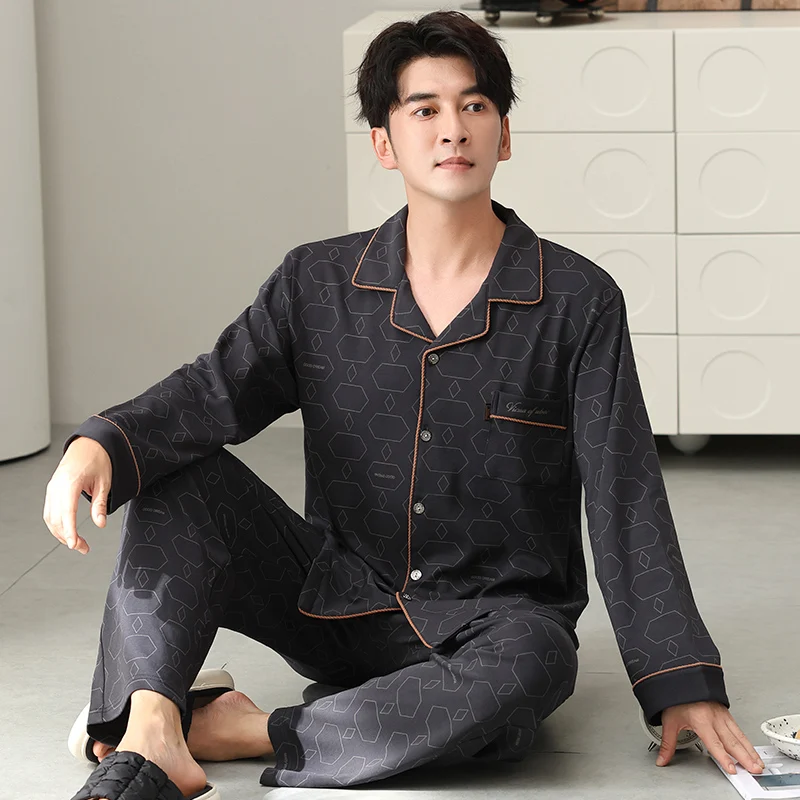 

High Quality M-4XL Men Pajamas Set 100% Cotton Turn-down Collar Sleepwear Male Autumn Pyjamas