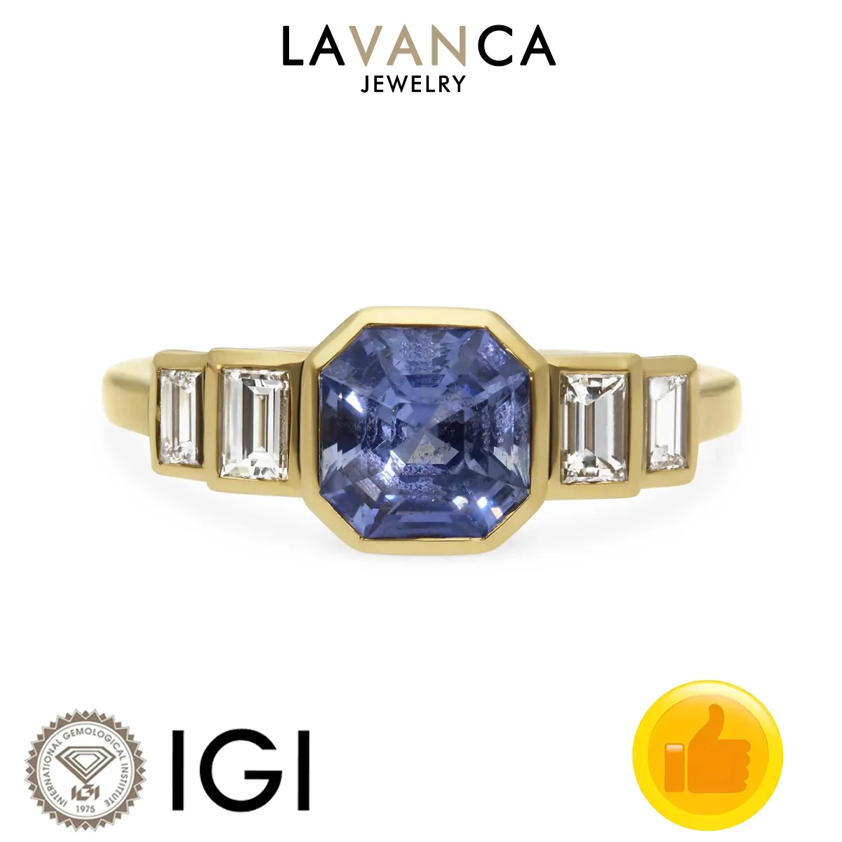 

Special Cut Lab Grown Sapphire Ring With Baguette Cut Lab Diamond Accents Ring 9K/14K/18K Yellow Gold Classic Engagement Ring