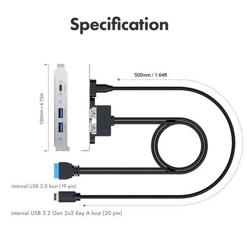 Imagen 2 del producto Cable adaptador USB 3,2 USB-C y 2x USB-A de 5Gbps de 20Gbps con cubierta de soporte PCI de perfil completo, TypeE a USB-C, USB de 19 pines a 2 USB-A, 0,5 m