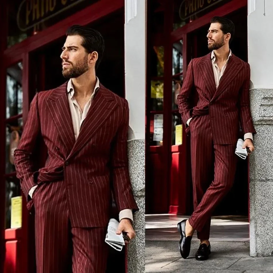 Wedding Men Suits Double Breasted Peak Lapel Stripe Pattern Bespoke 2 Piece Jacket Pants Outfits High Quality Costume Homme