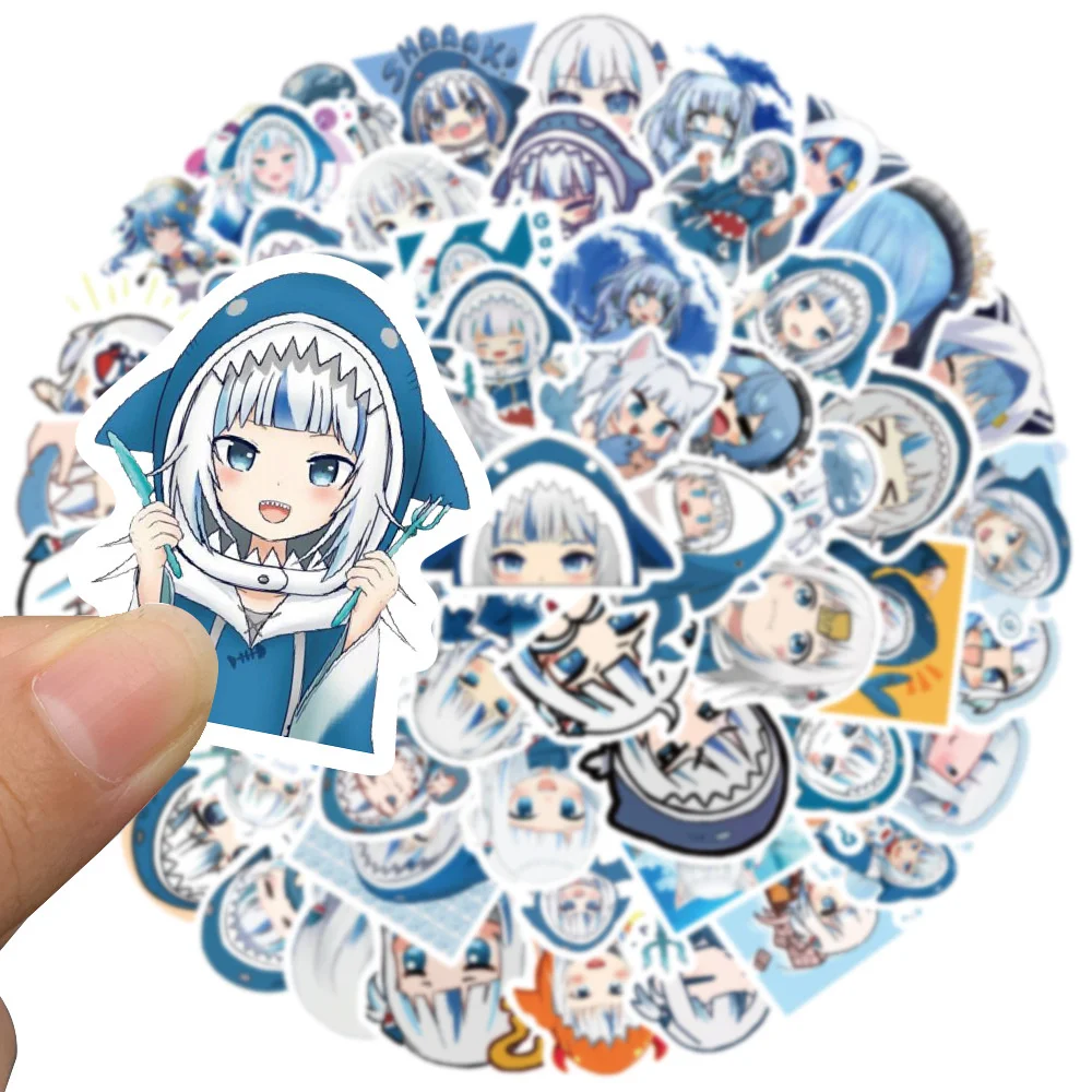 Pegatinas de Anime de Chibi Gawr Gura Blue Shark Girl Meme Para maleta, portátil, Ipad, guitarra, Skateboard, venta al por mayor, 10/30/50 piezas