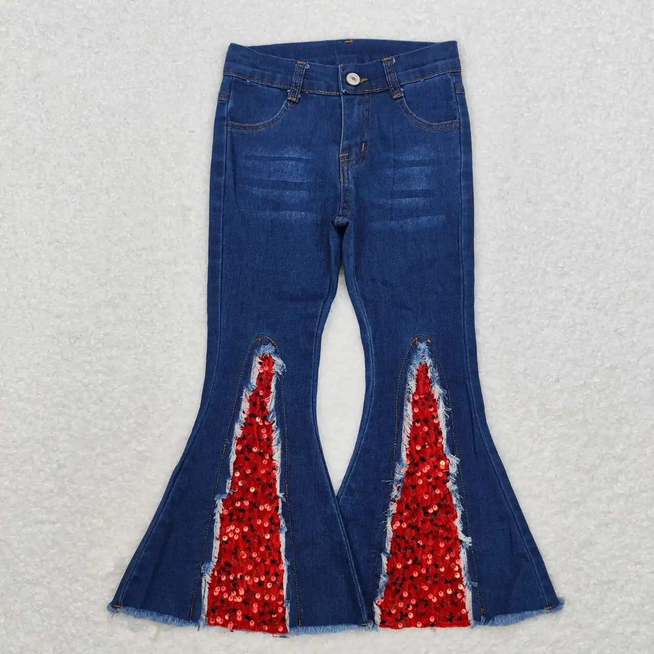 

RTS new Denim autumn winter infant fashion dark blue red sequin bell jeans pants wholesale boutique buttons children girls pants