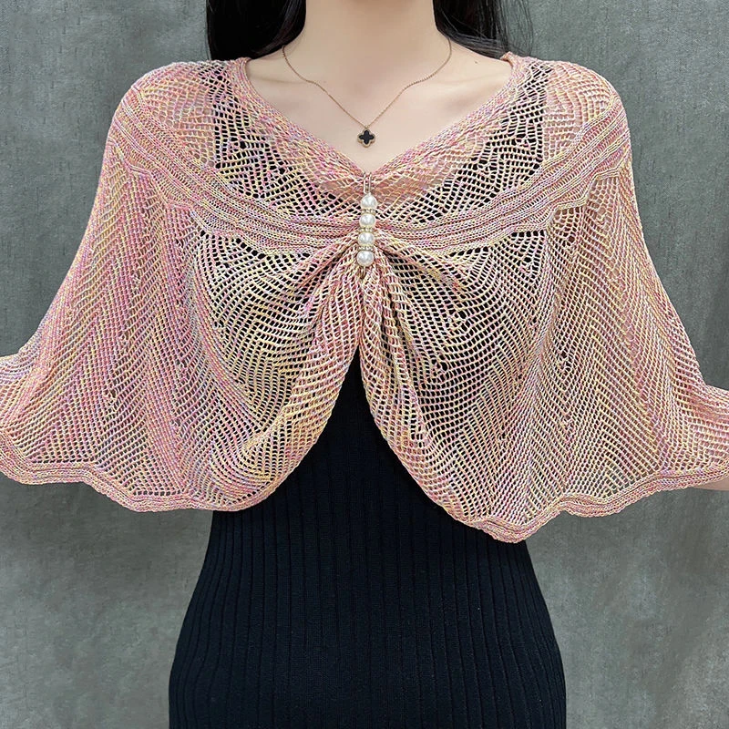 Korean Ice Silk Hollow Pearl Sunscreen Shawl Female Summer Air Conditioning Neck Protection Pullover Knit Cloak Women\'s Cape R72