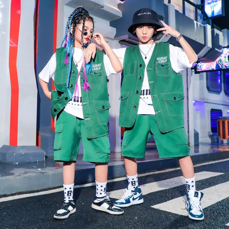 New Kids Street Dance Hip Hop Clothes Girls Suit Boys Green Vest Shorts Teenage Summer Jazz Drum Performance Outfits Stage Wear