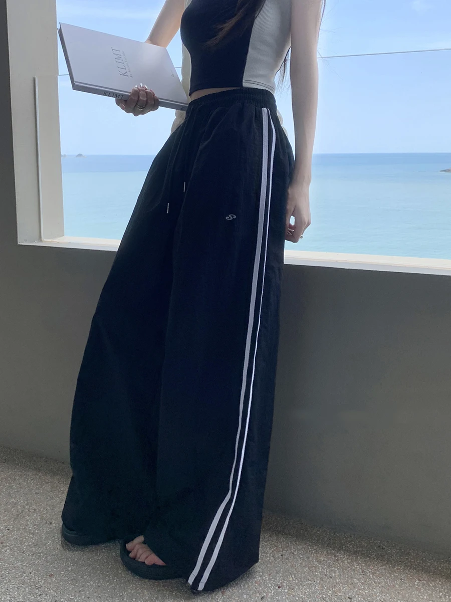 

Benuynffy American Retro Side Stripe Casual Pants Women's Y2k Drawstring Sweatpants Streetwear Hip Hop Baggy Wide Leg Trousers