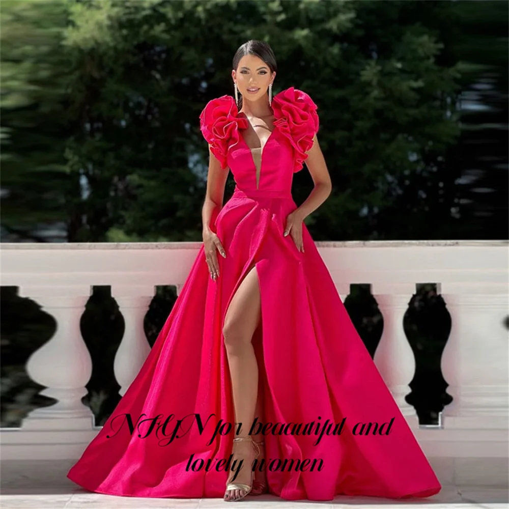 

NFYN Sexy Split Red Prom Dress Robes De Soirée Edge Curl Shoulder V-neck Rched Satin Party Dress Vestidos De Noche Customized