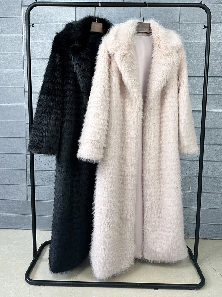 [EAM] Black Long Elegant Big Size Faux Fur Jacket New Lapel Long Sleeve Women Coat Fashion Tide Autumn Winter 2026 1DJ8886