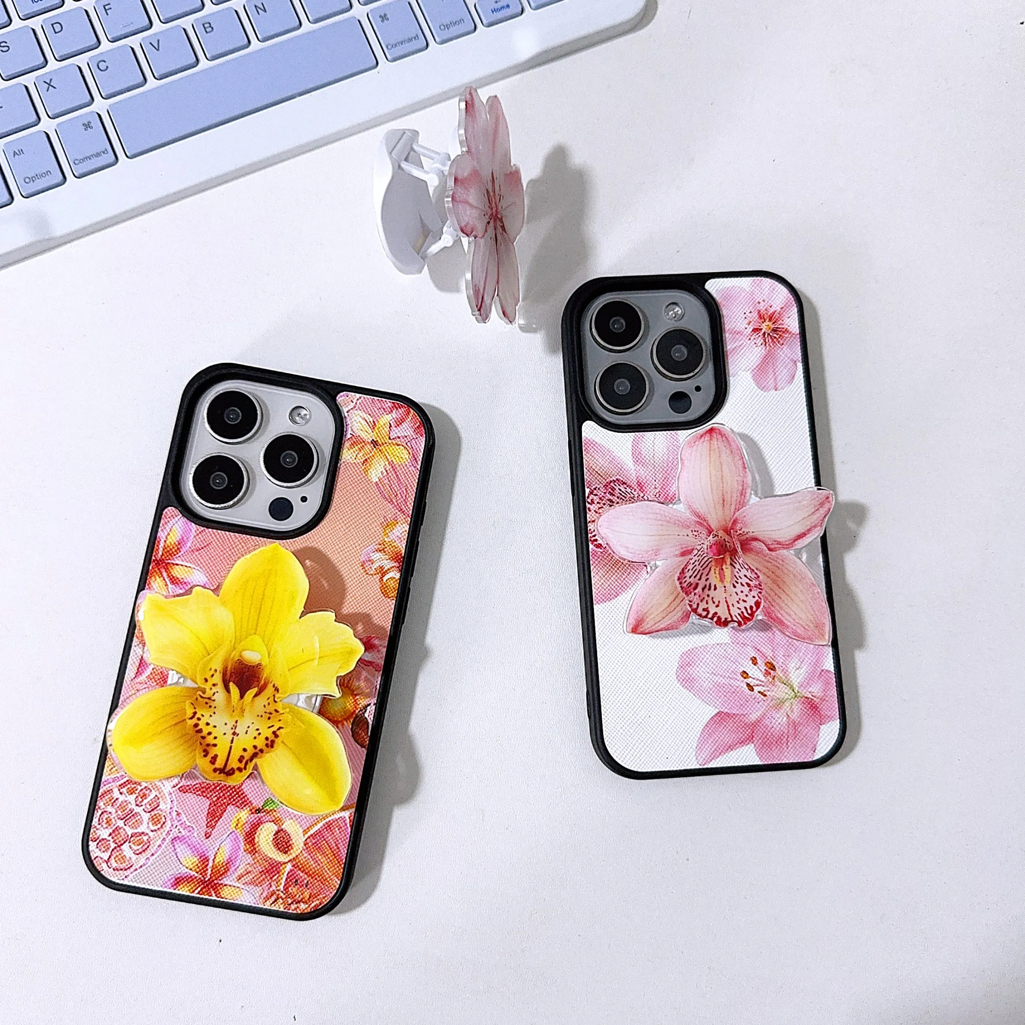 

Fashion 3D Orchid folding bracket PU leather Case for iPhone 17 16 15 14 Phone Cover 13 12 11 Pro MAX Hard Shockproof Back Funda