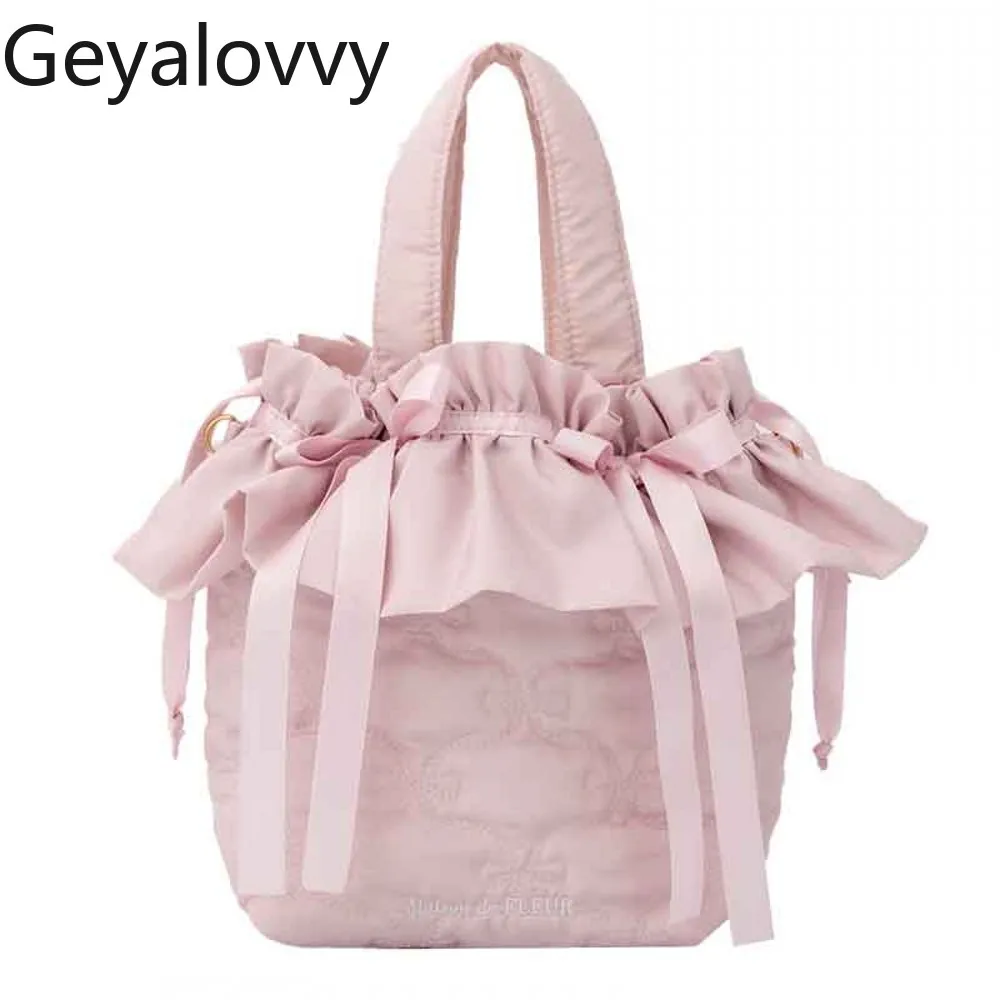 2026 New Japanese-style Pink Bow Ribbon Embroidered Cosmetic Bag Fashionable Versatile Sweet and Casual Handbag for Women