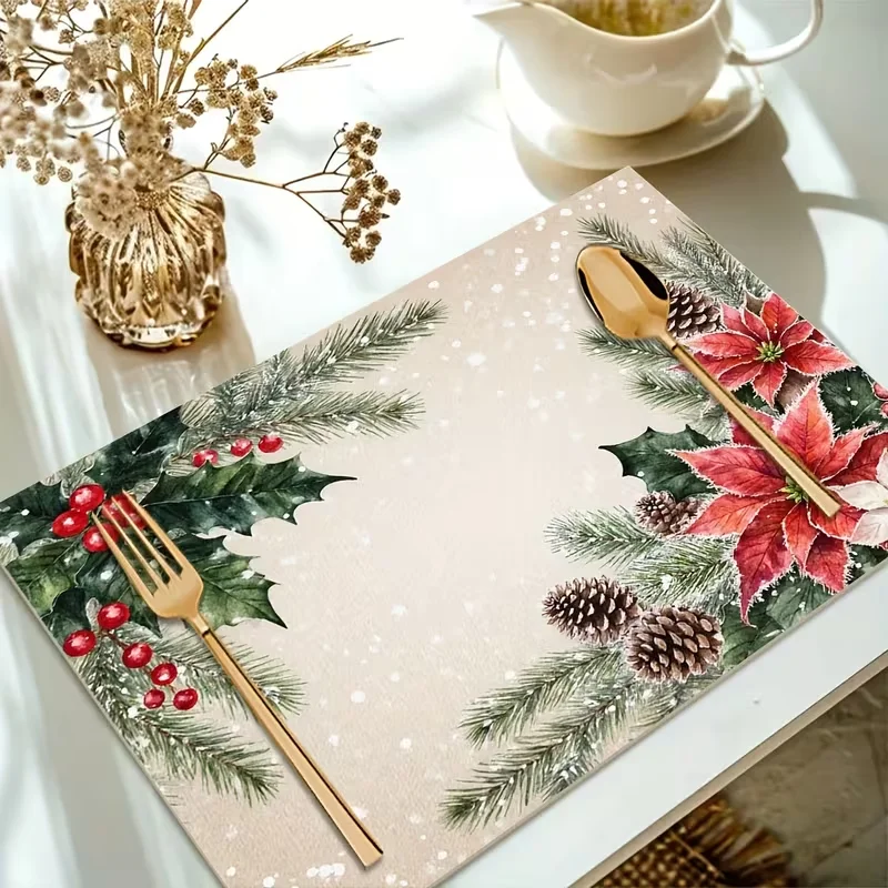 Christmas Pine Branch Berry Wooden Background Printed Table Mats Winter Holiday Decorative Placemats for Dining Table Kitchen