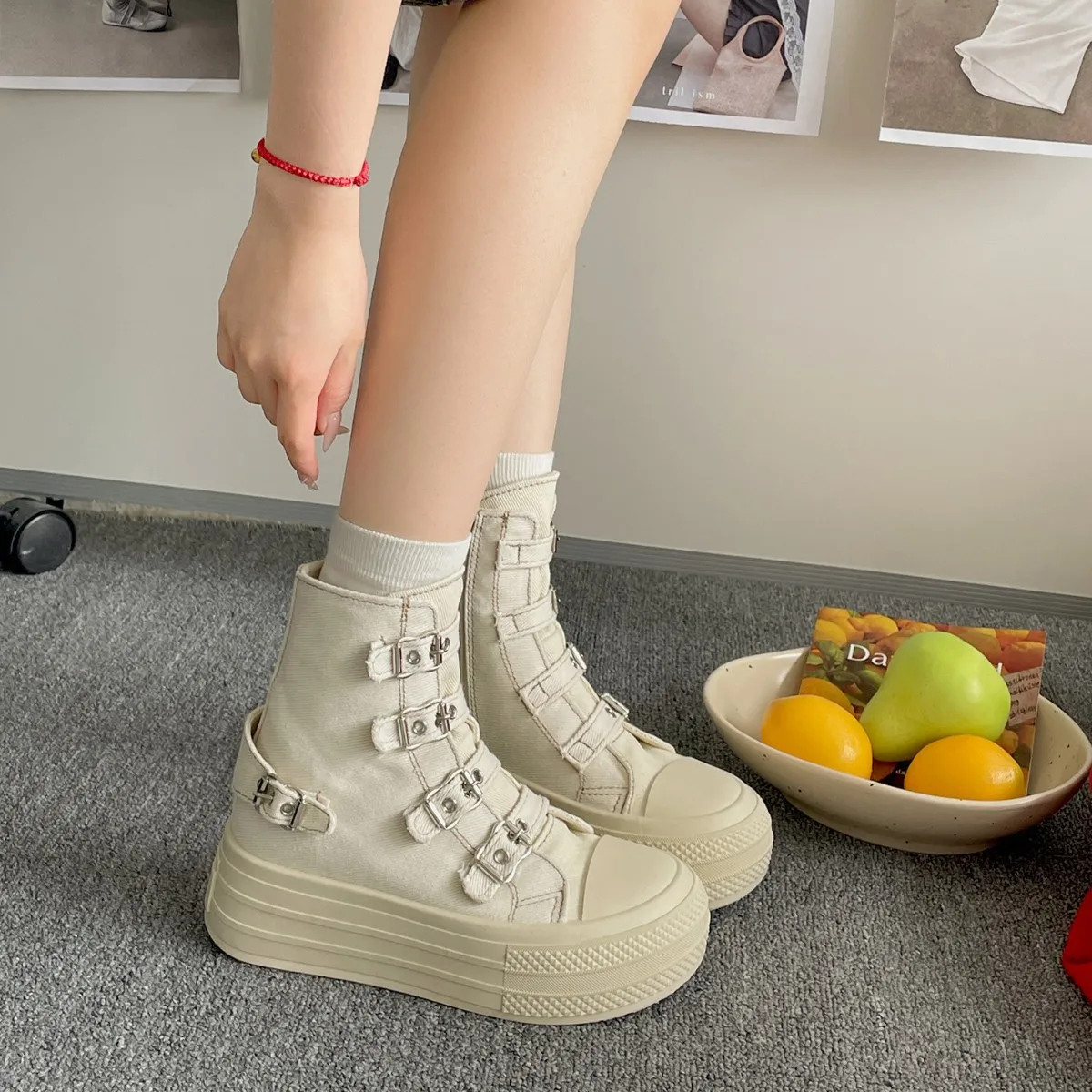 Retro  Buckle Design Thick Soled Casual Canvas Short Boots for Women  Autumn Comfortable Non Slip Chunky Ankle Boots image 5