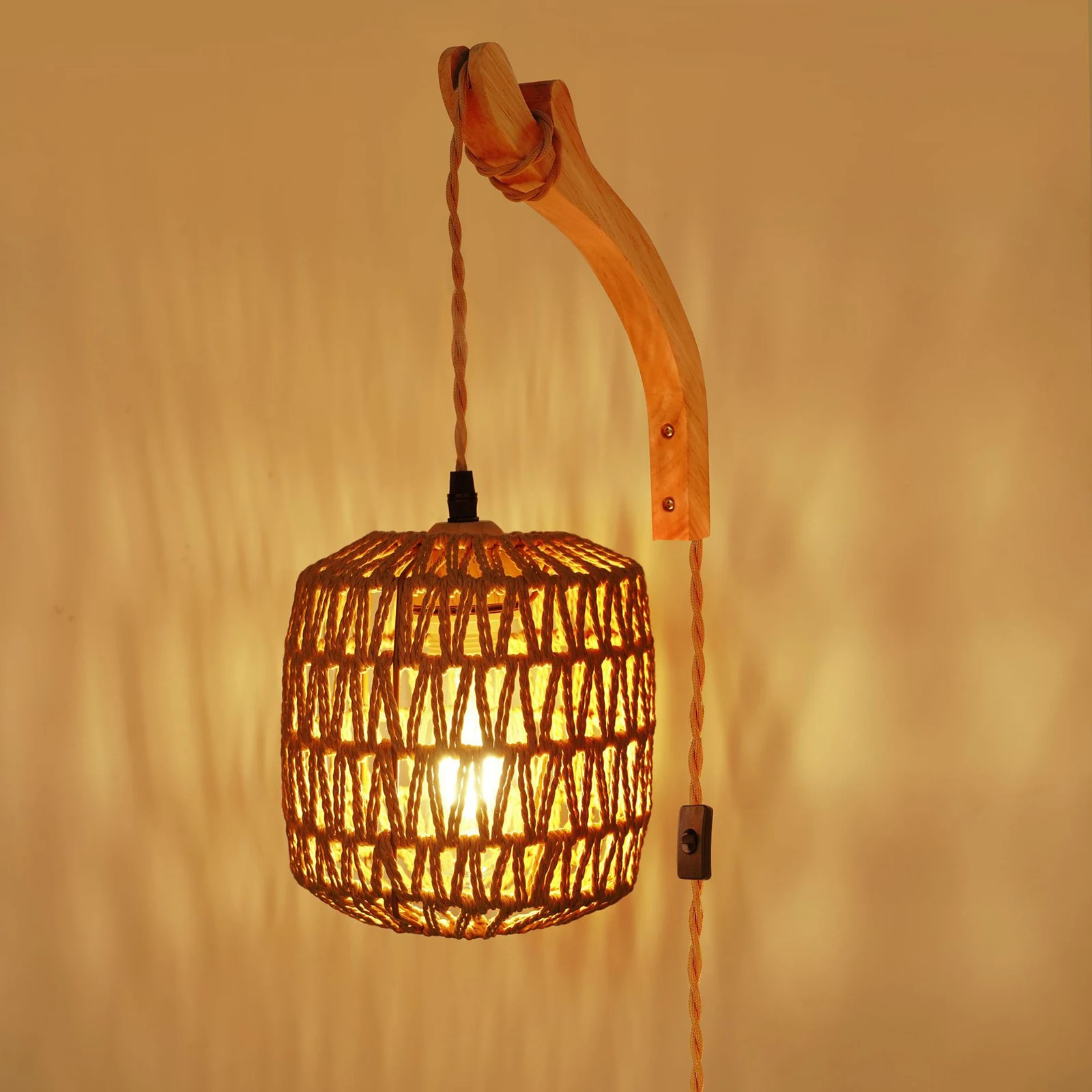 

Wall Sconce Cover Woven Bamboo Lantern Cover Rustic Wall Lamp Plug in Wall Light Sconces for Bedside Bedroom Nursery Hallway