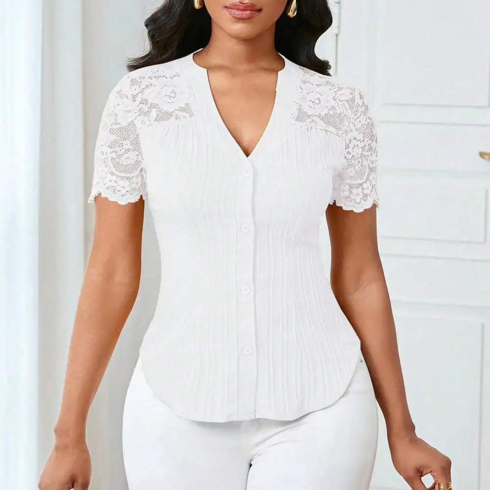 

Women Tops V-Neck Short Sleeve Hollow Lace Splicing Design Shirt Tops Pure Color Slim Fit Casual Blouse Work Party Office Wear