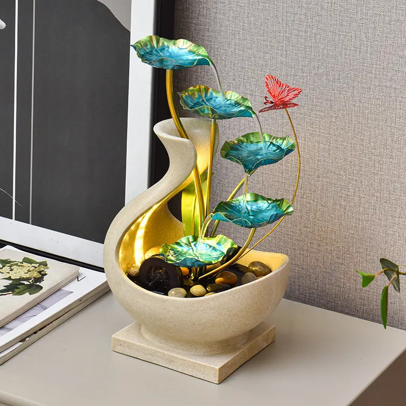 Lotus Leaf Tabletop Water Fountain, Cascading Waterfall Ornament, Freestanding Indoor Water Feature for Living Room Decoration