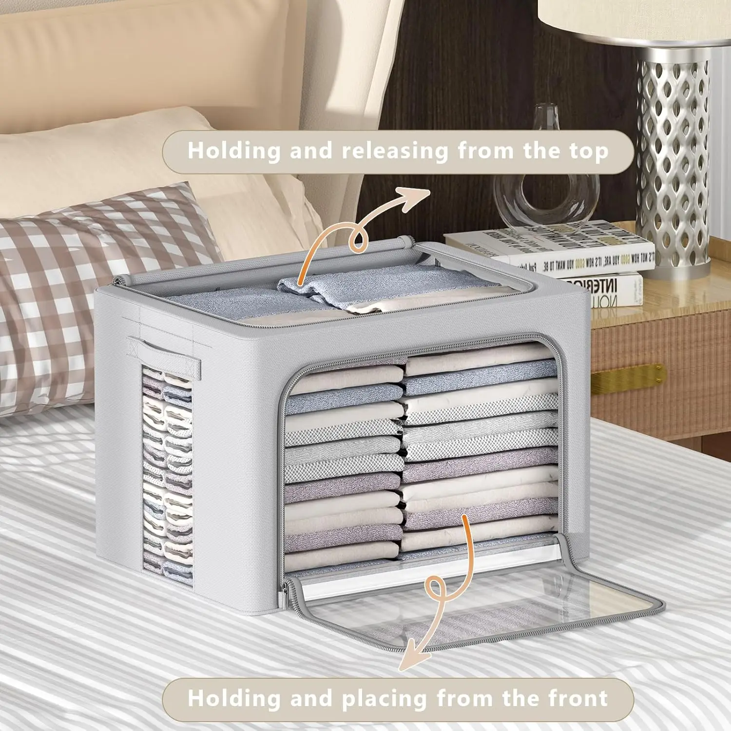 4 Pack Clothes Storage Bins - Oxford Fabric Metal Frame Storage Box - Foldable Stackable Container Organizer Set With Clear